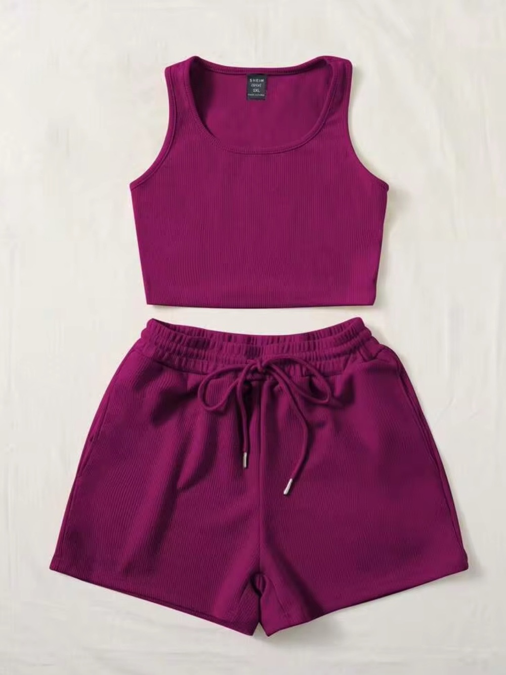 SHEIN Magenta Ribbed Drawstring High-Waist Shorts